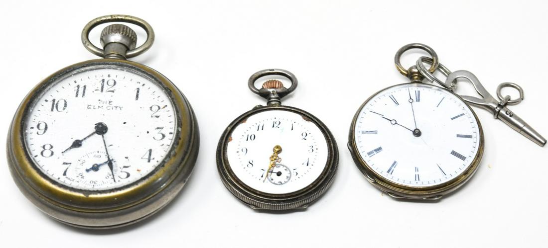 Lot of 3 Antique Pocket Watches Incl Sterling: Lot of 3 Antique Pocket Watches Incl Sterling – The nicest one has the original silver watch winder and glass and is signed on the back Cylindre Huit Rubis JG & L. One is Swiss made stamped Ster