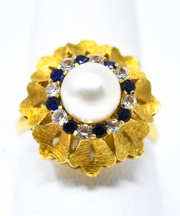 Pearl, Diamond, Sapphire 20k Yellow Gold Ring (1 of 5)