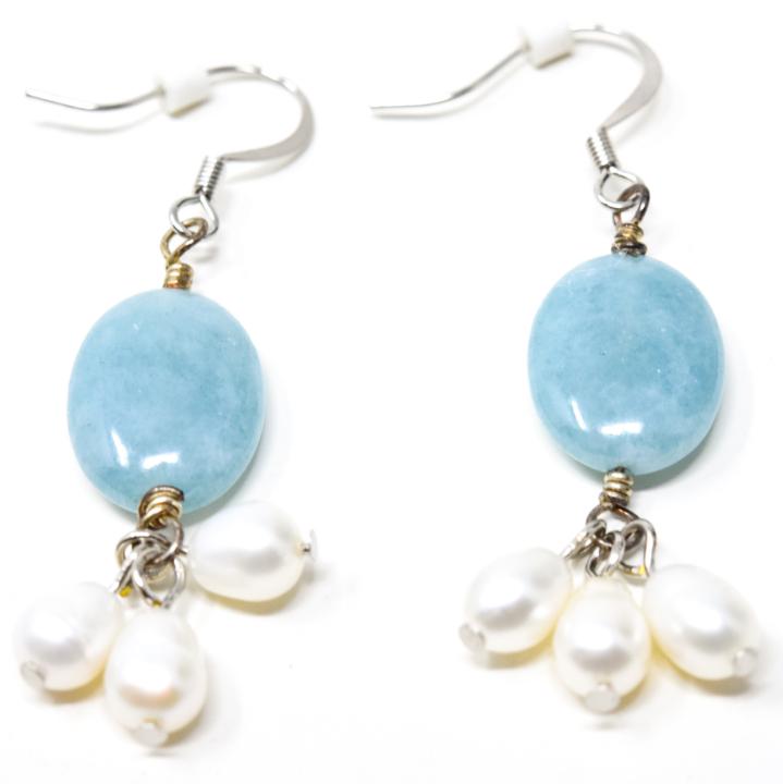 Pair Sterling Aventurine & Baroque Pearl Earrings: Pair Sterling Blue Aventurine & Baroque Pearl Earrings. Each measures 2 inches in length.