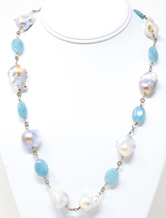 Blue Aventurine & Cultured Baroque Pearl Necklace: Blue Aventurine & Cultured Baroque Pearl Necklace. Pearls are cultured in Ha Long Bay area of Vietnam. Measures 20 inches in length.