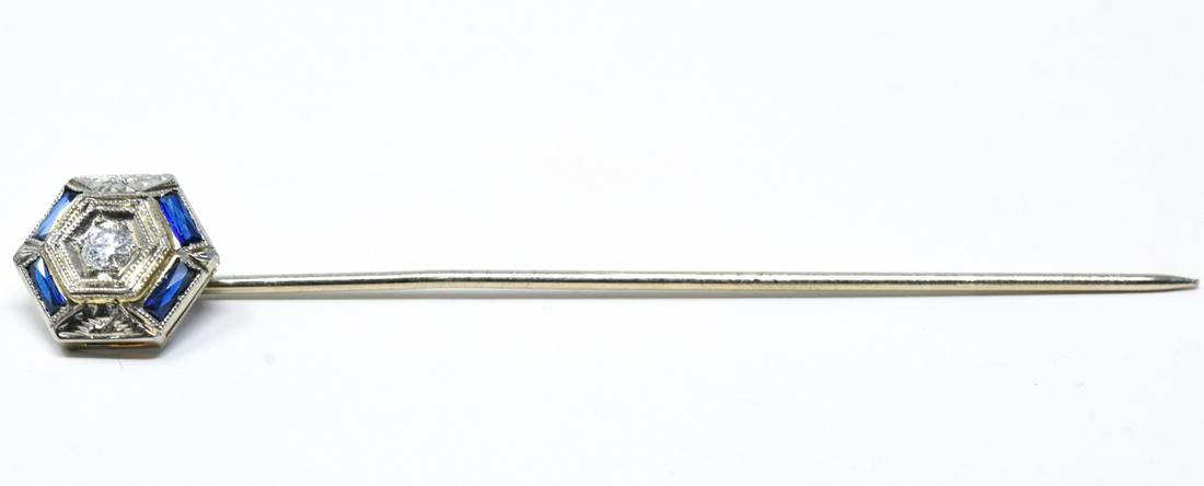 Art Deco 18k White Gold Diamond Sapphire Stick Pin (1 of 8)