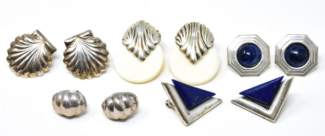 Five Pairs of Vintage Sterling Silver Earrings: Five Pairs of Vintage Sterling Silver Earrings – All are pierced. On pair with Lapis Lazuli and another with bone. For scale shell earrings are approximately .75 inches wide. Provenance: From a 