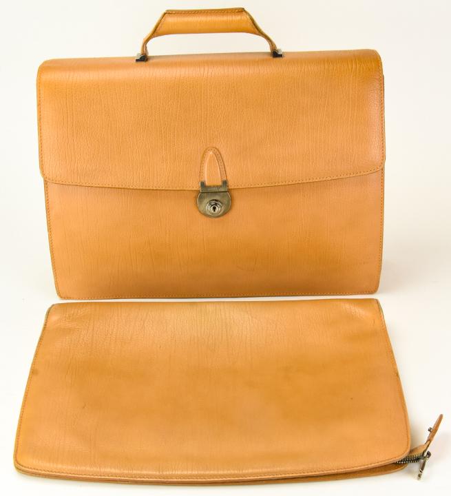 Vintage Bally Leather Attache and Portfolio: Vintage Bally Leather Attache and Portfolio – An incredibly stylish authentic Bally set for a man or woman. The inside of the attache is lined in B monogram and has two main compartments and an