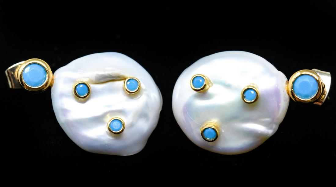 Pair of Jewel Set Baroque Coin Pearl Earrings: Pair of Jewel Set Baroque Coin Pearl Earrings. Pearls are approximately 19 mm in length. Each measures 1 inch in length.