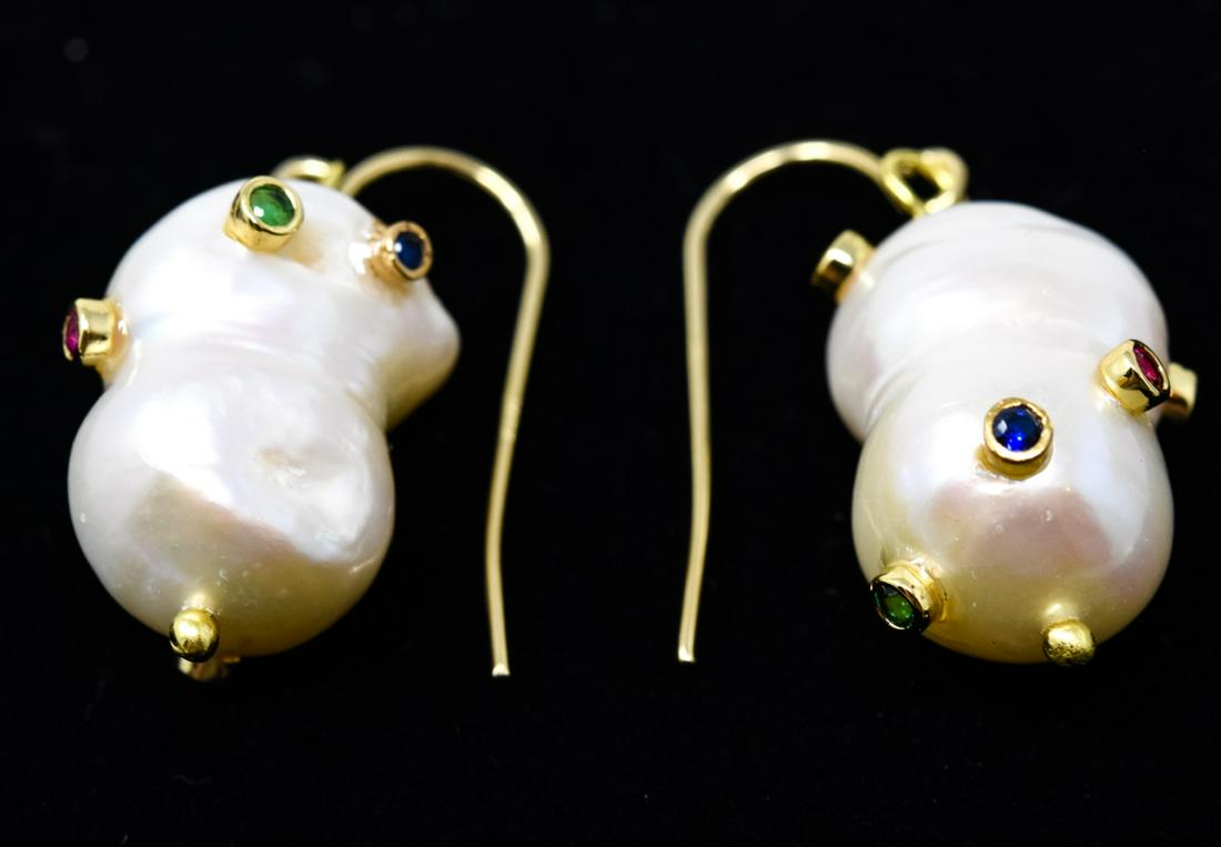 Pair of Crystal Set Baroque Pearl Earrings: Pair of Jeweled Crystal Set Baroque Pearl Earrings. Pearls are approximately 18 mm in length. Each measure approximately 1.25 inches in length.