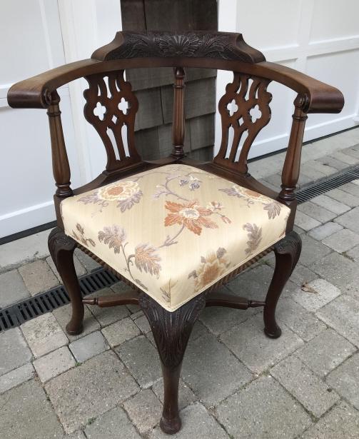 Antique English Chippendale Corner Form Armchair: Antique English Chippendale Corner Form Armchair. Mahogany, hand carved frame. Measures 33 x 28 x 28 inches. Property of a designer decorated Bedford, New York estate.