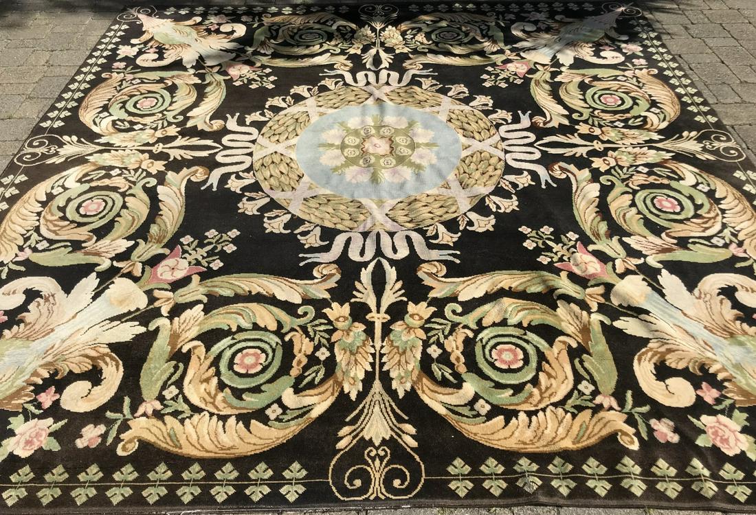 French Aubusson Tapestry Style Square Carpet: French Aubusson Tapestry Style Square Carpet. Measures 117 x 117 inches. Property of a designer decorated Bedford, New York estate.