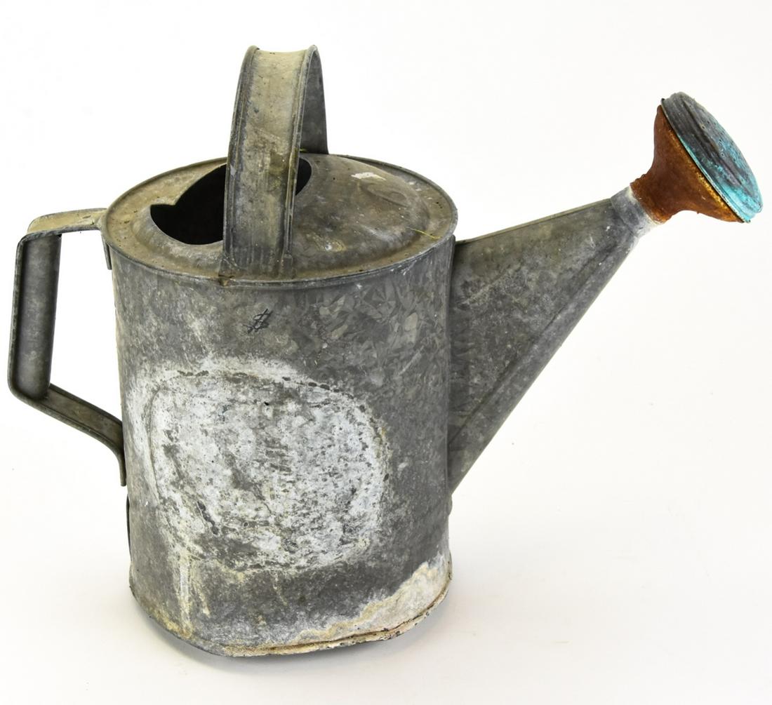 Antique / Vintage Garden Watering Can w Copper: Antique / Vintage Garden Watering Can w Copper on Spout Cover. Measures 12 x 16 x 7.5 inches.