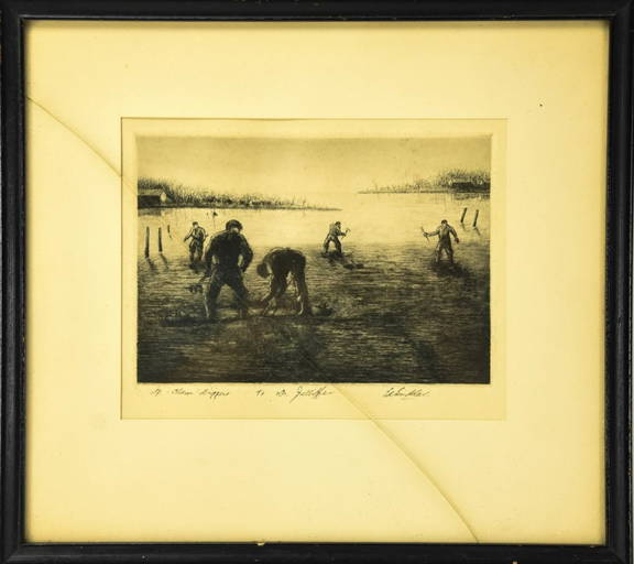Antique Clam Diggers Signed Etching Aug 22, 2020 Greenwich Auction in CT