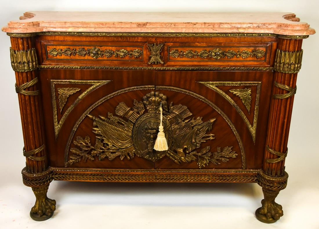 Antique Napoleonic Carved Ormolu Mount Console: Majestic Antique French Napoleonic Heavily Carved Brass Ormolu Mount Marble Top Console / Sideboard, Cabinet with Majestic Brass Lions Paw Feet and Large Ormolu Brass Center Door Plaque or Coat of Arm