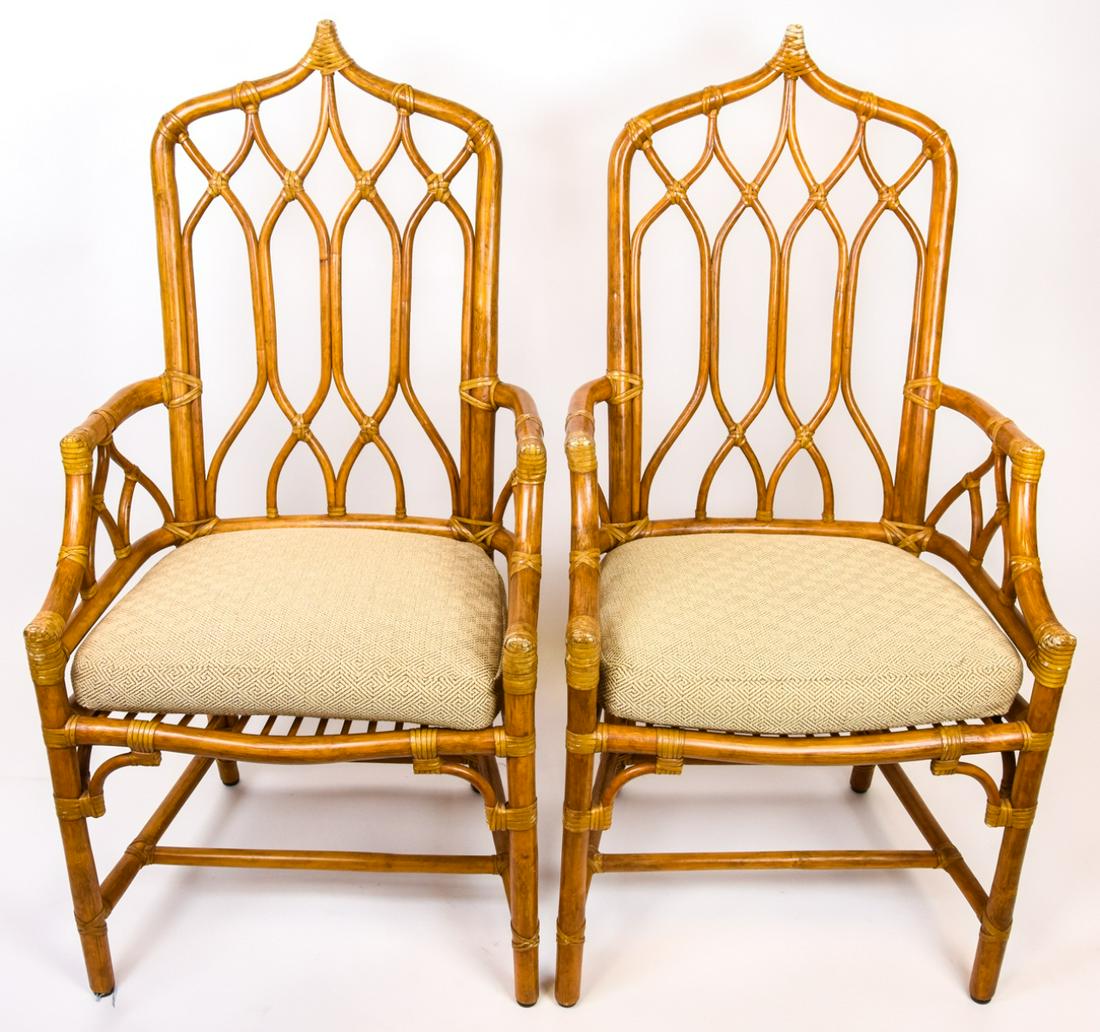 2 Mid Century McGuire Style Rattan Gothic Chairs: 2 Mid Century McGuire Style / Attributed Rattan Bent Wood Gothic Arm Chairs. Custom Upholstered cushions. 44 inches x 22 inches x 22 inches