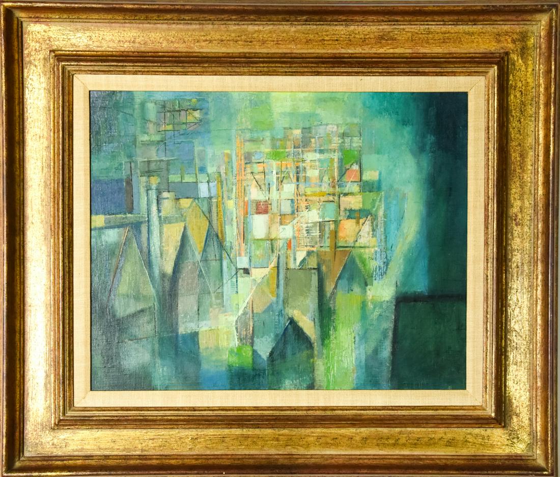 William Palmer Mid Century Modern Oil Painting: William Palmer Mid Century Modern Oil Painting. Abstract / cubist style scene. Gallery label on back. Framed. Measures 25 x 29 inches.