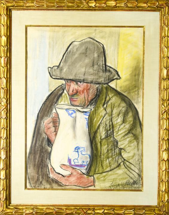 Joseph Stella Framed Portrait of a Man w Pitcher: Joseph Stella Framed Portrait of a Man w Pitcher. Signed bottom right corner. Crayon / pastel. Acanthus leaf carved frame. Measures 35 x 27.5 inches.