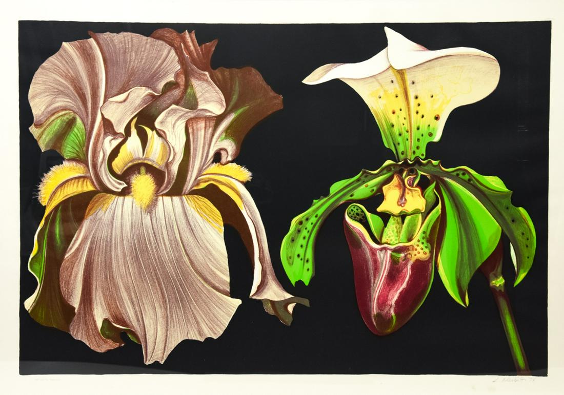 Lowell Blair Nesbitt Signed & Framed Floral Print: Lowell Blair Nesbitt Signed & Framed Floral Print. With embossed stamp on paper. Measures 29 x 40 inches.
