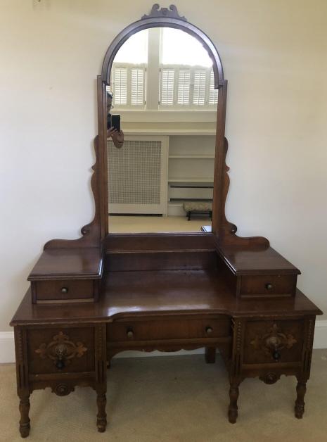 Antique Art Deco Carved Mahogany Vanity w Mirror: Antique Art Deco Carved Mahogany Step Back Vanity w Mirror. 65 inches x 46 inches x 20 inches