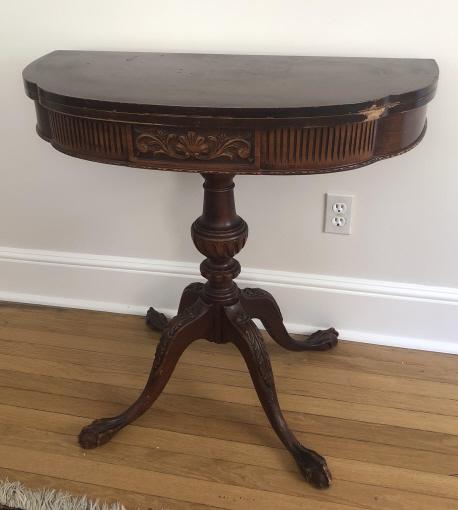 Antique Chippendale Turn Top Card / Side Table: Antique Chippendale Carved Mahogany Pedestal Ball and Claw Footed Turn Top Card or Side Table. 31 inches x 34 inches x 17 inches
