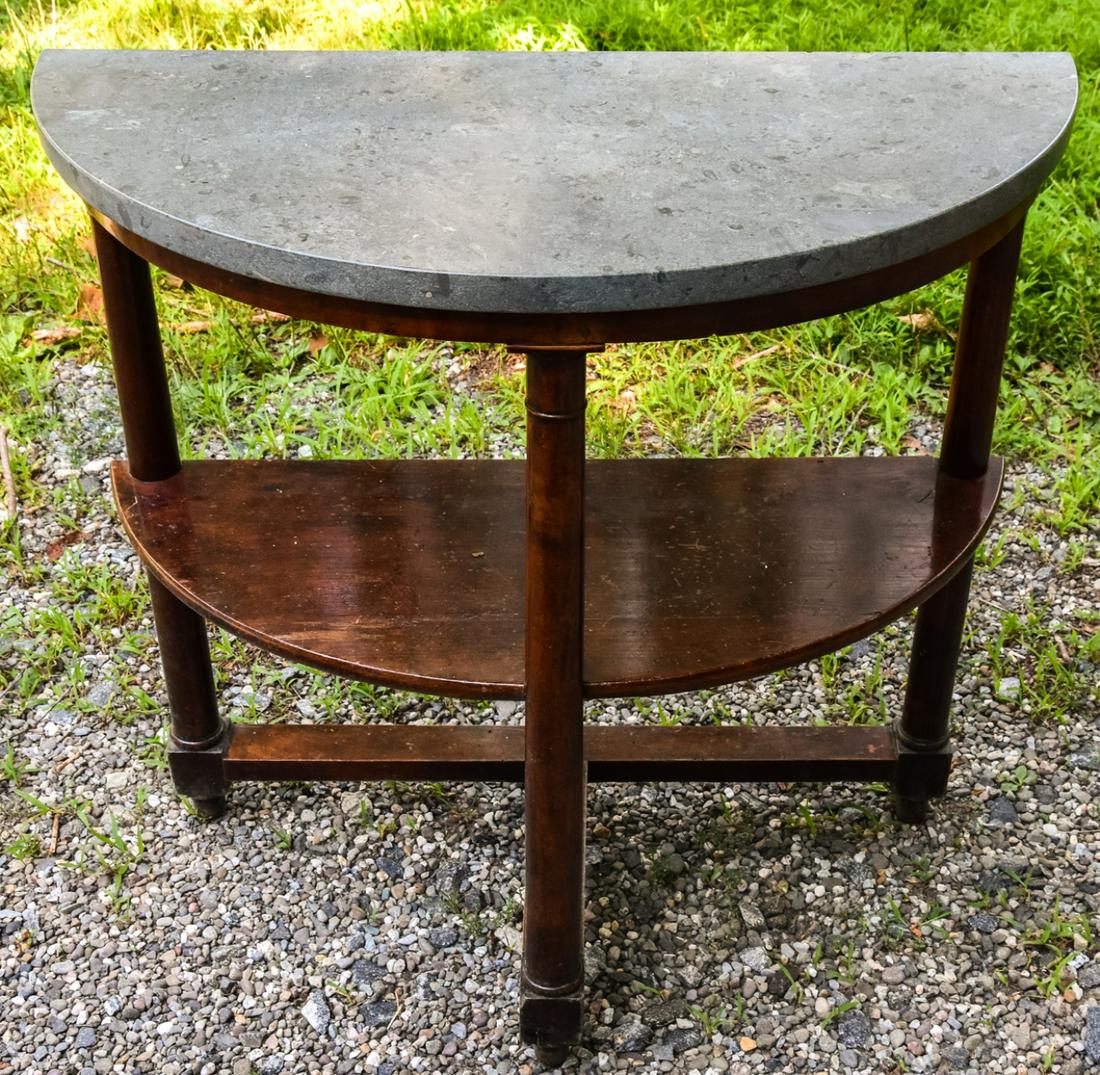 Antique French Empire Demi Lune Marble Table: Antique 19th Century French Empire Demi Lune Mahogany Tone Marble Console Table. Measures 34 x 35 x 16 inches.