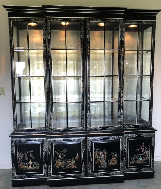 Chinese Chippendale Lacquer & Glass Break Front: Chinese Chippendale Black Lacquer Hand Painted Paned Glass Door Break Front Dining Room Cabinet or Console. Inside lighting and silver foil painted interior back wall. Hand painted with landscape scen