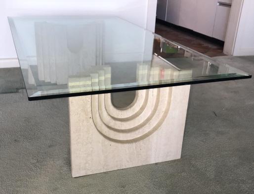 Mid C Modern Travertine & Glass Coffee Table: Mid Century Modern Travertine & Beveled Glass Sculptural Coffee Table. 2 base stands are movable. 14 inches x 51 inches x 28 inches