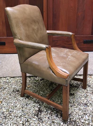 Chippendale Taupe Leather Executive Desk Chair: Vintage Chippendale Carved Taupe Leather Executive Desk Chair with Nail Head Trim. Small tear on leather seat. 38 inches x 26 inches x 26 inches