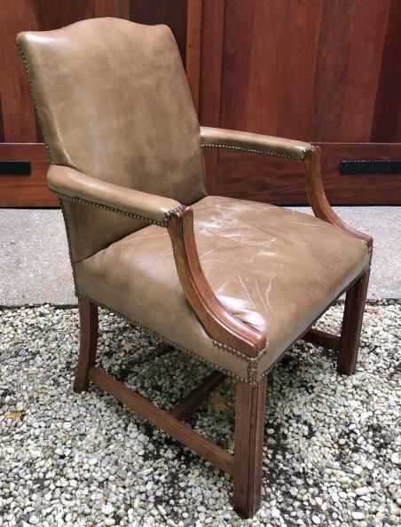 Vintage Chippendale Taupe Leather Executive Chair: Vintage Chippendale Carved Taupe Leather Executive Desk Chair with Nail Head Trim. 38 inches x 26 inches x 26 inches
