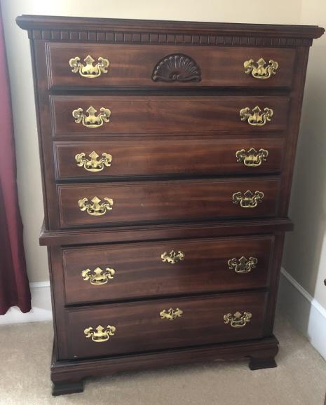 Lea Chippendale Style Chest on Chest of Drawers: Lea Chippendale Style Chest on Chest of Drawers. Brass hardware, carved dental molding and rocaille detail. 51 inches x 36 inches x 18 inches