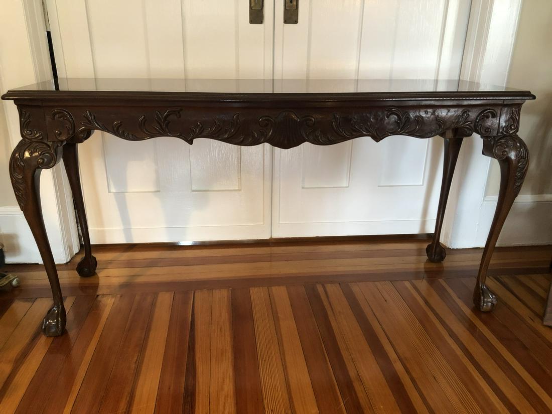 Carved Rococo Ball and Claw Footed Sofa Table: Carved Rococo Ball and Claw Footed Sofa Table or Console Table. Carved table apron and legs and banded surface. 28 inches x 55 inches x 17 inches