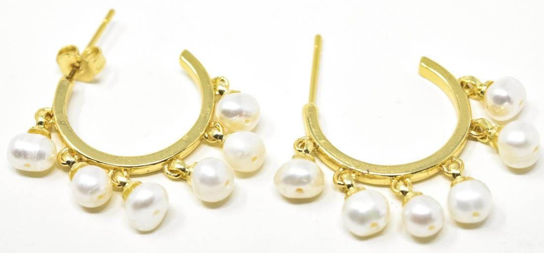 Pair of Gold Hoop Earrings w Baroque Pearls: Pair of Gold Hoop Earrings w Baroque Pearls. Gold plated hoop earrings set with dangling pearl pendants. Each measures approximately 1.25 inches in length.