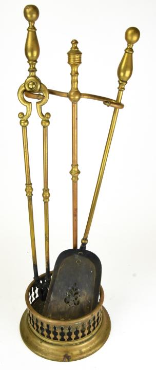 Antique Brass Fireplace Tools and Andirons: Antique Brass Fireplace Tools and Andirons. Antique brass tools and andirons, tool set has a base with gallery. Tools are 26 inches tall, andirons are 17 inches x 21 inches x 8 inches