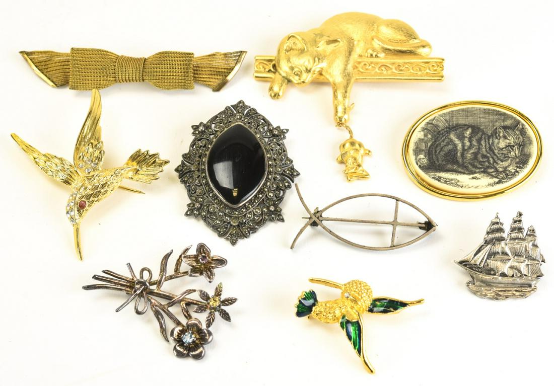 Collection Vintage Pins Includes 12K Bow, Sterling: Collection Vintage Pins Includes 12K Gold Bow, and Sterling Art Deco Marcasite Pin and Sterling Bouquet Pin with Semi Precious Stones. Bow measures 3 inches long.