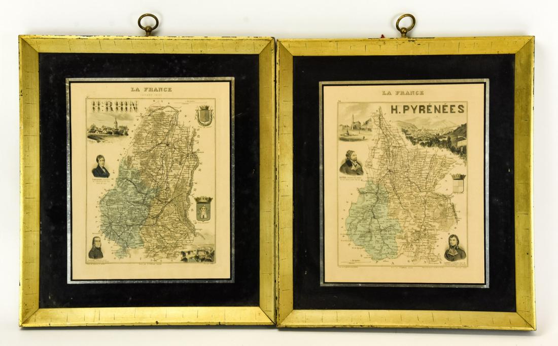 Pair Antique Framed Vuillemin Maps of France: Pair Antique Framed A. Vuillemin Maps of France in Lemon Gilt Frames. 15 inches x 13 inches