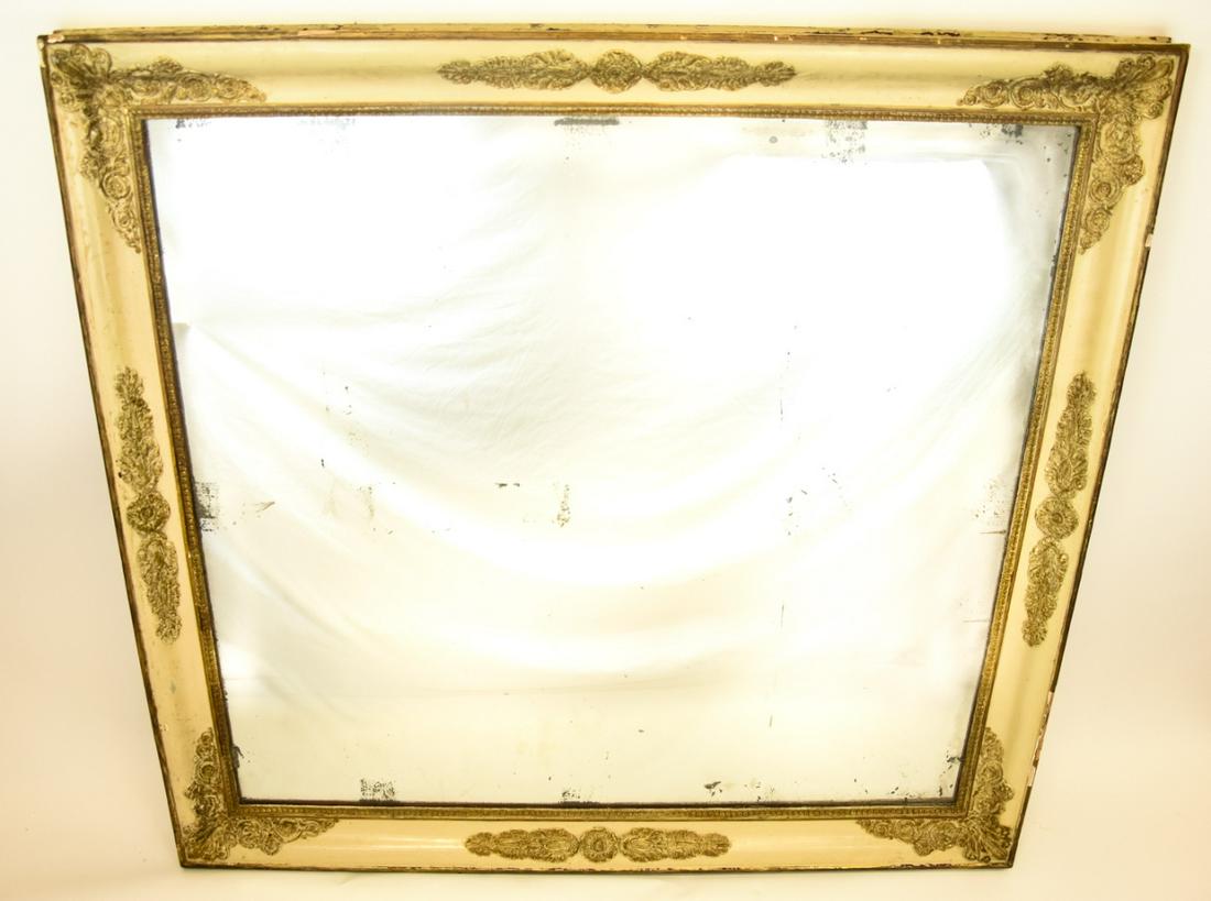 Large Antique 19th C French Style Frame w Mirror: Large Antique 19th C French Style Frame w Mirror. Painted white with gold decoration. Measures 53 x 57.5 inches.