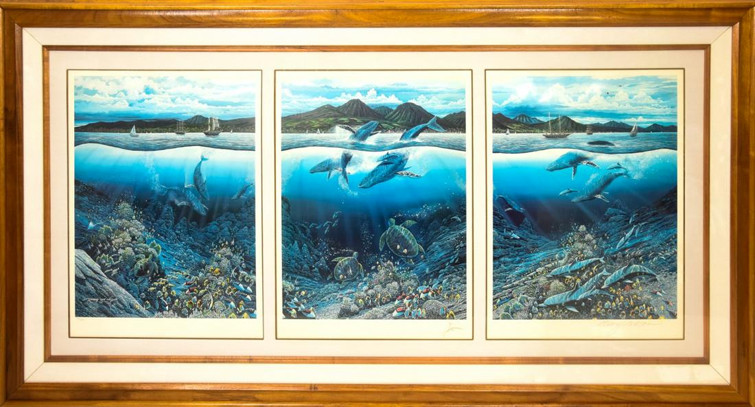 Robert Lyn Nelson Large Triptych Whale Print: Robert Lyn Nelson Large Triptych Whale Print. Signed. Limited edition print. Custom made high quality frame of Koa wood from Hawaii. Measures 40 x 73.5 inches.
