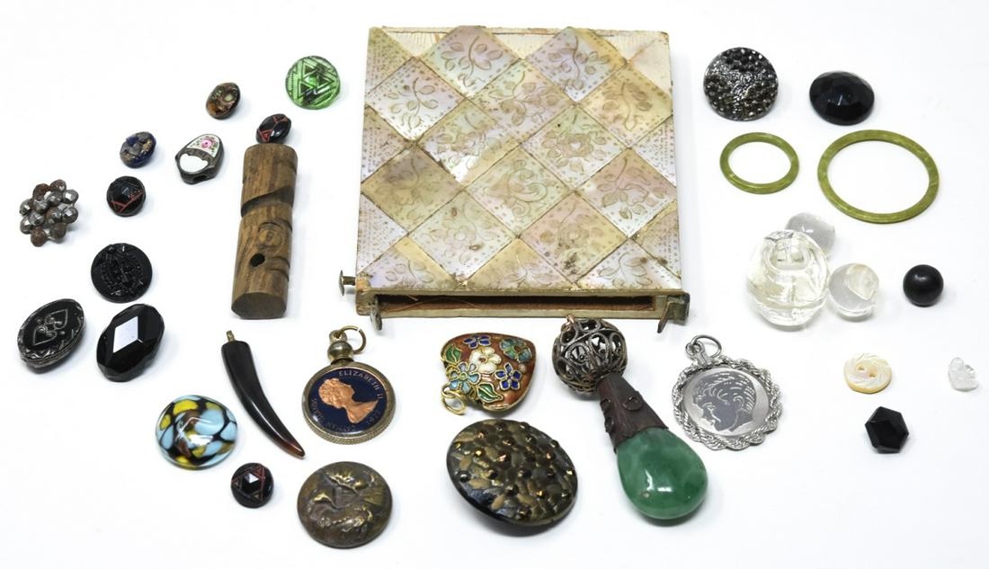 Antique & Vintage Jewelry Pieces & Mother of Pearl: Antique & Vintage Jewelry Pieces & Mother of Pearl Card Case. Costume jewelry pieces and antique buttons. Includes cut steel, mother of pearl, cloisonne enamel, jade glass, filigree, guilloche enamel.