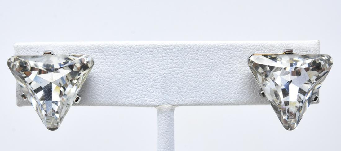 Pr Kenneth Lane Triangular Cut Paste Clip Earrings: Pr Kenneth Lane Triangular Cut Paste Clip Earrings. Prong set clear triangular paste. Signed. Measures 5/8 of an inch.