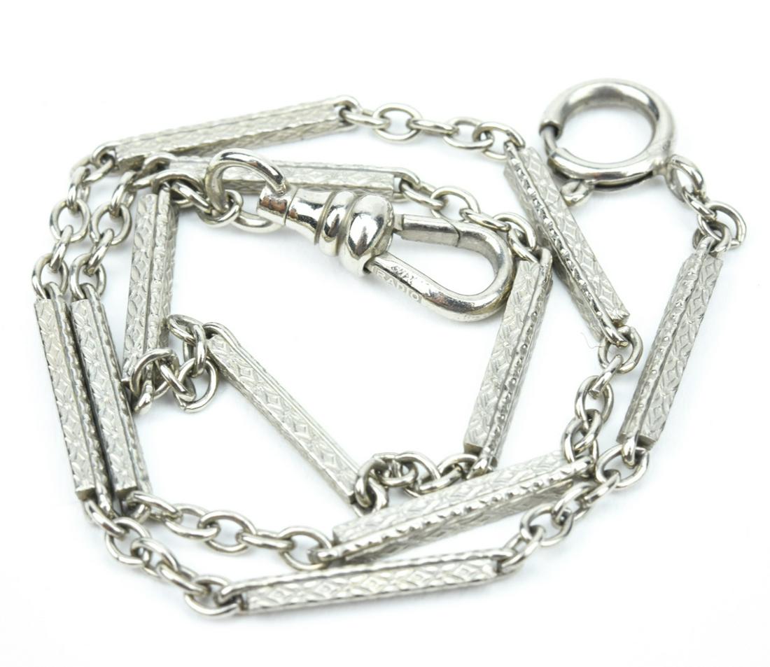 Antique C 1920s Silver Watch Fob Chain w Dog Clip: Antique C 1920s Silver Watch Fob Chain w Dog Clip & Jump Ring Clasp. Hallmarked RADIO. Measures just under 13 inches in length.