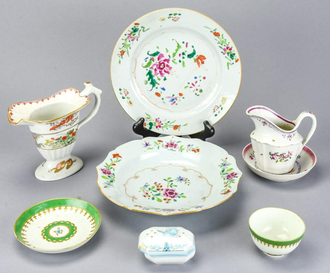 Antique 19th C. Chinese Export Famille Rose & More: Antique 19th Century Chinese Export Famille Rose Plates, Creamer, Small Dish and More. Includes also Export Items in other patterns. Soup Bowl measures 9 inches in diameter.