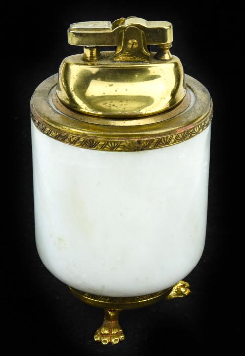 Carved Alabaster & Ormolu Framed Cigar Lighter: Carved Alabaster & Ormolu Framed Cigar Lighter. Measures 4.25 inches in height.