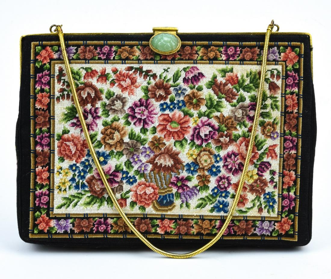 Antique Micro Mosaic Tapestry Ladies Purse: Antique Micro Mosaic Tapestry Ladies Purse w Ormolu Frame w Handle. Measures 8.25 x 6 inches.