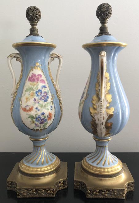 Pair Antique Paris Porcelain & Brass Mount Vessels: Pair Antique Paris Porcelain & Brass Hand Painted Mount Amphora Form Vessels with Finials. 14 inches x 5 inches x 5 inches