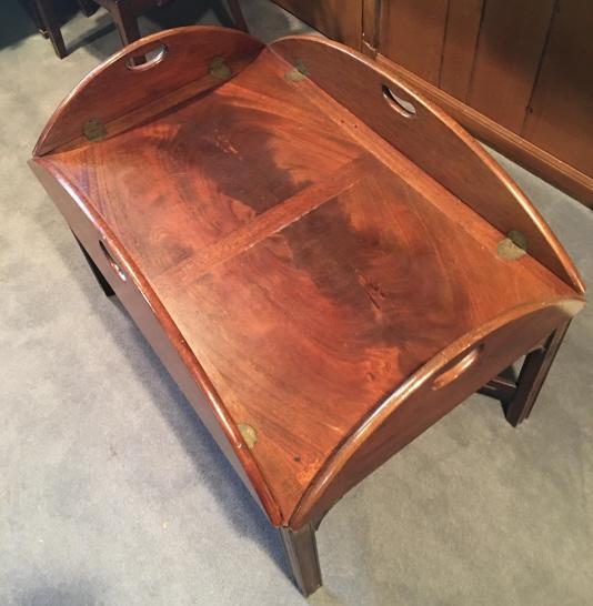 Georgian Butler Tray Book Matched Coffee Table: Georgian Butler Tray Table Book Matched Flame Mahogany Coffee Table. With tray closed the table measures 22 inches x 33 inches x 21 inches