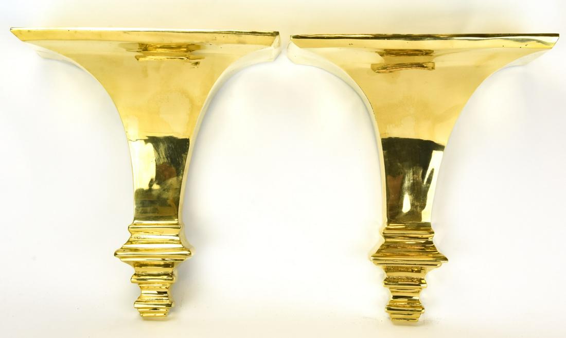 Pair Heavy Brass Traditional Style Wall Brackets: Pair Heavy Brass Traditional Style Wall Brackets. Each measures 13 inches x 12 inches x 5.5 inches.