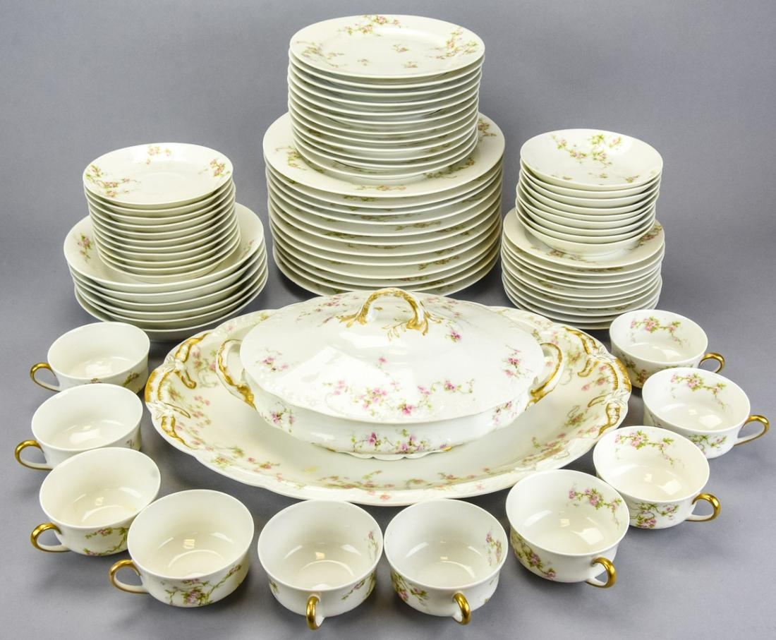 M. Redon Limoges Rosalinde Porcelain Plate Service: Antique M. Redon Limoges Hand Painted Rosalinde Porcelain Plate Table Service. 12 dinner plates, 12 lunch plates, 10 dessert plates, 6 soup bowls, 10 cake plates, 9 small bowls, 11 saucers and 10 coff