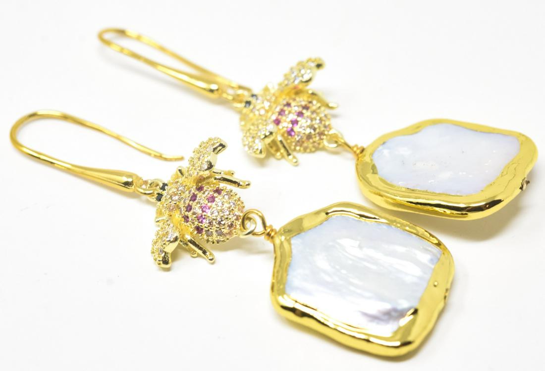 Pair of Pave Set Bee Motif Baroque Pearl Earrings: Pair of Pave Set Bee Motif Baroque Pearl Earrings. Each measures 2.5 inches in length.