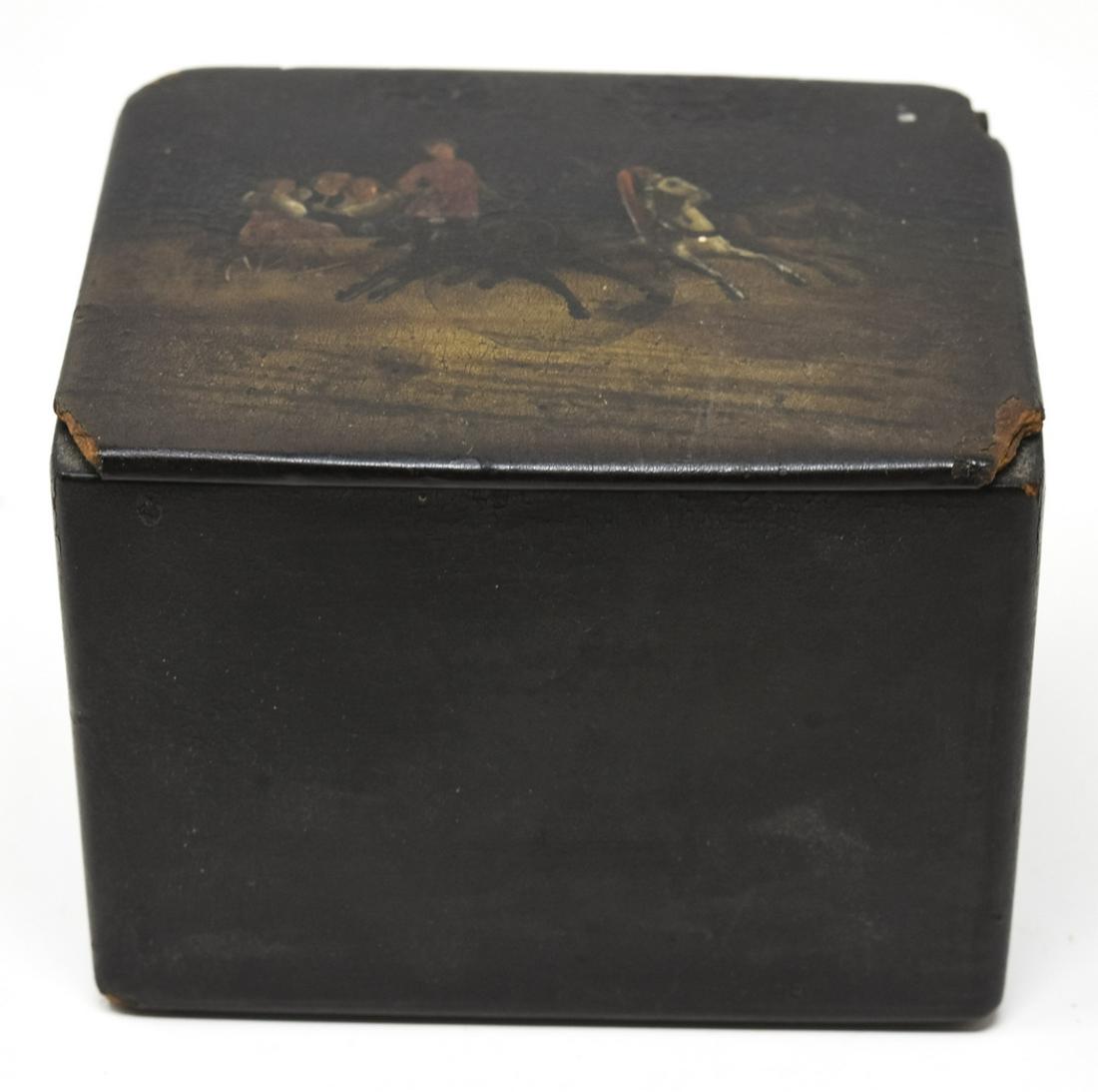Antique 19th C Russian Lacquer Troika Box: Antique 19th C Russian Lacquer Troika Box. Antique Imperial Russian lacquer trokia scene paper mache box. Measures 2.75 x 4 x 3.25 inches.