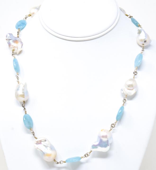 Blue Aventurine & Cultured Baroque Pearl Necklace: Blue Aventurine & Cultured Baroque Pearl Necklace. Pearls are cultured in Ha Long Bay area of Vietnam. Measures 18 inches in length.