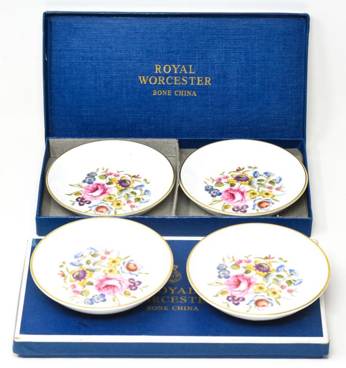 Two Boxed Set of Royal Worcester Bone China Bowls: Vintage Ormolu & Jewel Snuff / Pill Miniature Box. Marked on backs. Each bowl measures nearly 4 inches in diameter.