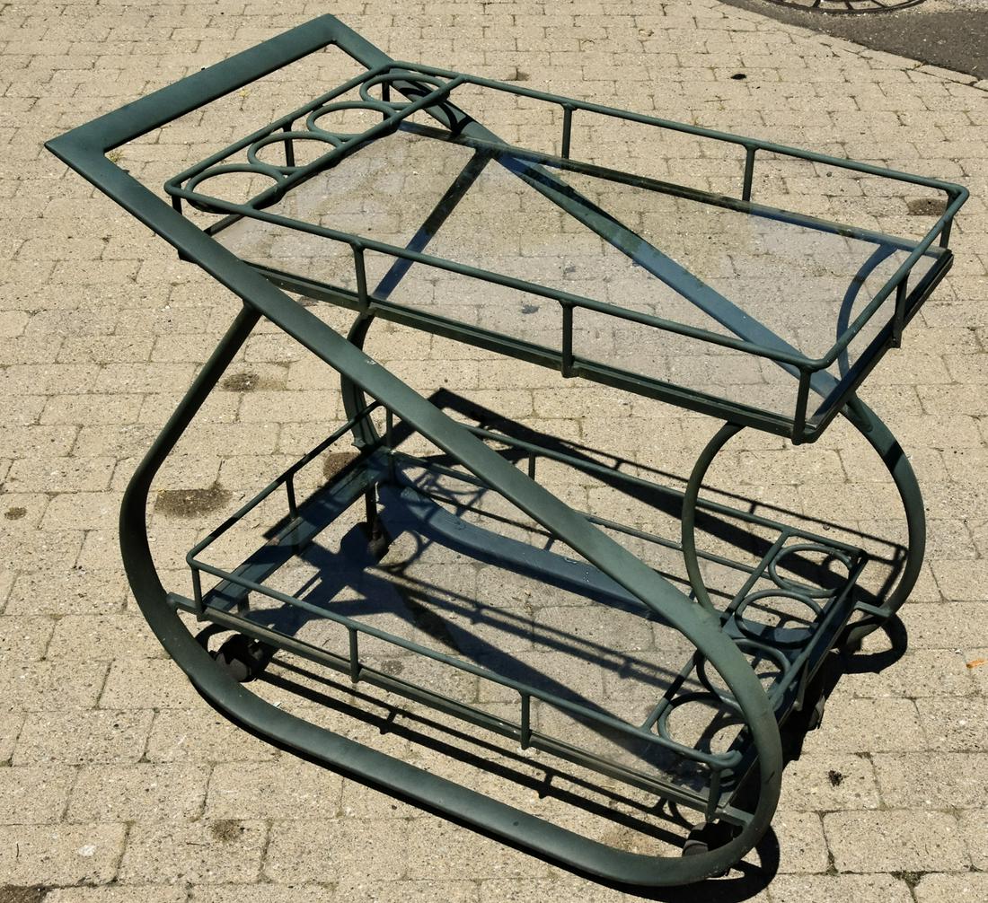 Cast Aluminum Mid Century Garden Bar Cart: Cast Aluminum Mid Century Garden Bar Cart. 2 glass shelves. 32 inches x 36 inches x 18 inches