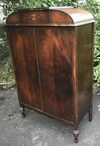 Antique C 1920 Hand Painted Art Deco Style Armoire: Antique C 1920s Hand Painted Art Deco Style Armoire. Interior with drawers on one side and hanging storage on other. Measures 62 x 38 x 19 inches.