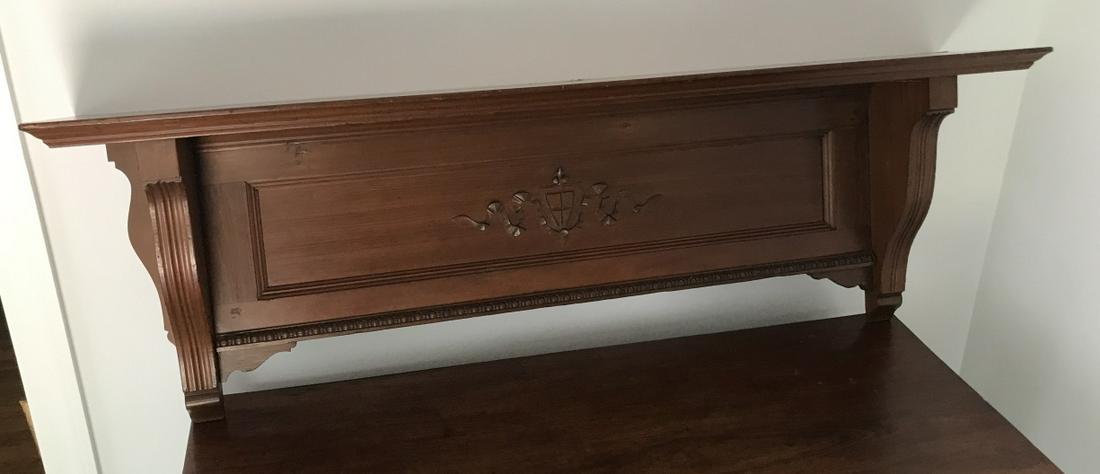 Antique Carved Wood Wall Shelf or Mantle w Shield: Antique Carved Wood Wall Shelf or Mantle w Shield Design. Measures 16.5 x 48 x 9.5 inches.
